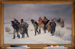 1812. (A Napóleon Nagy Hadseregéből elfogott foglyok kimerülten, orosz parasztok kíséretében sétálnak a hóban). Illarion Mihajlovics Prjanisnyikov (1840-1894) festménye, olaj, vászon