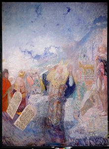 Mózes és a Tízparancsolat. Mögötte az Aranyborjú. Jurij Iljics Repin (Youri Repin) (1877-1954) festménye, olaj, vászon, 1930 körül. Orosz művészet, XX. század, modern művészet. I. Repin Emlékmúzeum Penates, Szentpétervár. alkotó: Ilya Efimovich Repin