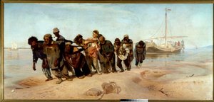 A Volgai csónakosok Férfiak (fuvarosok) csónakot rajzolnak a vízből Oroszországban - Ilia (Ilja) Repine (1844-1930) festménye, olaj, vászon