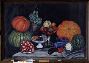 Zöldségek. Csendélet sütőtökkel, articsókkal, szilvával, szőlővel, almával, körtével, padlizsánnal, borssal, káposztával, karfiollal és görögdinnyével. (Zöldség. Csendélet). Ilja Ivanovics Mashkov (Ilia Mashkov, Matchkov) festménye (1881-1944), olaj, vászo alkotó: Ilya Ivanovich Mashkov