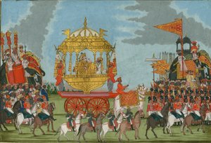 Rajah of Tanjore Elefánton lovagolva egy házassági szertartásra, c. 1780