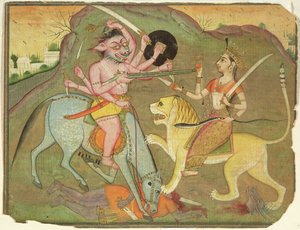47.110/174 Durga harcban Mahishasurával, „Devi Mahatmya” fóliójából, Devanagari, Text on Rivers, Bikaner, Rajasthan, Rajput School alkotó: Indian School