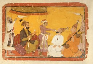 ]7.110359 Gosain Narayan mérget vesz Jahangir császár jelenlétében Nurpurban, Pahari Iskola, 1725 alkotó: Indian School