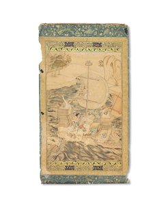 Tengeri szörnyeteg által megtámadt karavellla, Mogul India, 1590 körül (átlátszatlan pigmentek arannyal és ezüsttel megerősítve a papíron) alkotó: Indian School