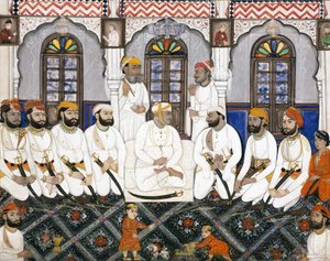 Egy jaipuri radzsa durbarba öltözve, istentiszteletre, 1845 körül (átlátszatlan wc és arany papíron) alkotó: Indian School