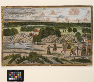 Egy Nawab és tartói egy vadászexpedíción, 1780 körül (átlátszatlan akvarell és arany papíron) alkotó: Indian School