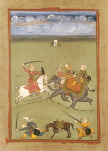 Egy herceg, aki elefánton harcol az ellenségei ellen, 1710 körül alkotó: Indian School