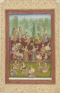 Egy csapat nő a kertben, zenével és tánccal szórakoztatják magukat (szín és arany a papíron) alkotó: Indian School