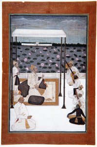 Egy nemes a tóparti teraszon lombkorona alatt zenét hallgat, 1680 körül (átlátszatlan wc és arany papíron) alkotó: Indian School
