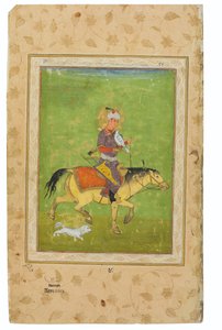 Iraj festménye lóháton vadászó sólyom mellett, India, Mogul-korszak, 16. század vége (átlátszatlan pigmentek és arany a wasli-n) alkotó: Indian School