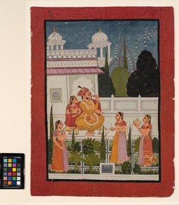 Egy radzsa a teraszon a ranijával, három nővel, 18. század végén (átlátszatlan akvarell papíron) alkotó: Indian School