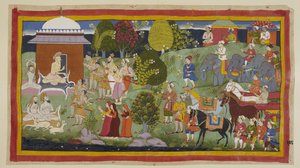 Add 15296 (1) f.108r, Bharadvaja kunyhóján kívül más aszkétákkal és szarvasokkal ülve érdeklődik a hercegektől, hogy élvezték-e vendégszeretetét. Elmondja nekik és társaiknak, hogy Rama Citrakutában él. Kérésére a hercegek intr alkotó: Indian School