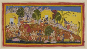 Add hozzá 15296 (1) f.114r, A tetején, középen Bharata és Shatrughna Rama lábai elé vetik magukat, aki átöleli öccseit és szagolja Sitaeir fejeket. Ráma az ölébe veszi őket, miközben a jólétükről és az apjukról kérdez, és h alkotó: Indian School