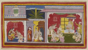 Add hozzá 15296 (1) f.2r, Az Ayodhya trónteremben (jobbra) Dasaratha király négy fiával, lelkészével, Sumantrával és főpapjával, Vasiszthaval ül. Yudhajit, Kaikeyi királynő testvére és Bharata anyai nagybátyja eljött, hogy meglátogassa Bharatát alkotó: Indian School