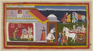 Add 15296 (1) f.41r, Miután végül rávette anyját és bátyját, hogy higgadtan vállalják sorsát, Rama és Laksmana a szekéren visszatérnek saját palotájába, Ráma szokásos alázatában lehajtotta a fejét. Sita találkozik velük, aki először egy u alkotó: Indian School