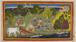 Add hozzá 15296 (1) f.63r, A társak elérték a Ganga folyót Srngaverapura Rámánál, Sita pedig egy szalmalapon ül egy fa alatt, ami egy ingudi fának szánta, míg Laksmana és Sumantra hasonlóan ül velük szemben. A lovak unhar alkotó: Indian School