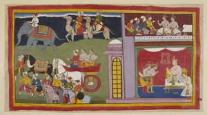 Add hozzá 15296 (1) f.84r, A hírnökök egy felső kamrában azt mondják a hercegeknek, hogy térjenek vissza Ayodhyába. Lent, a trónteremben az utazáshoz öltözött hercegek búcsút vesznek Kaikeyi királytól és fiától, Judhadzsittól. Kiülnek egy szekérre a m alkotó: Indian School