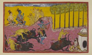 Add hozzá az 15296 (2) f.12r-t, Sugriva és majmai, a bal felső sarokban láthatók, továbbra is elmondják Rámának és Laksmanának Bali és Dundubhi történetét. Bali olyan erős volt, hogy képes volt letépni a démon végtagját, majd a levegőbe hajítani a tetemet. alkotó: Indian School