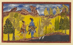 Add 15296 (2) f.2r, Az elrabolt Sita utáni kétségbeesett keresés során Rama és Laksmana a Pampa-tóhoz jutottak, amelyet lótusz borít és virágzó fák vesznek körül. Tavasz van, és Rámát folyamatosan emlékezteti a párzási bi alkotó: Indian School