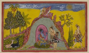 Add 15296 (2) f.30r, A Prasravana hegyen a két herceg az ősz eljöveteléig és a háborús időszak eljöveteléig vár, addig pedig a hegyi növény- és állatvilág szépségében, valamint a hegy csodáiban gyönyörködik. az esős évszak. De egyszer enthr alkotó: Indian School