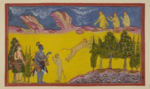Add hozzá az 15296 (2) f.3r-t, Sugriva először megijedt, azt gondolva, hogy ezeket a fegyveres harcosokat bitorló testvére, Bali küldte, hogy pusztítsák el. Elküldi okos miniszterét, Hanumant, hogy többet tudjon meg a két idegenről. Hanuman bemutatkozik alkotó: Indian School