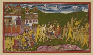 Add hozzá 15296 (2) f.43r, Sugriva és Laksmana egy arany alomban, amelyet majmok hordanak, Kiskindhából alkotó: Indian School