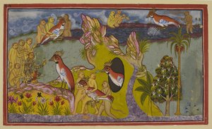 Add 15296 (2) f.68r, A majmok úgy döntöttek, hogy éhen halnak a déli óceán partján, ahelyett, hogy visszatérnének, hogy szembenézzenek királyuk haragjával. Látja őket a szárnyatlan keselyű, Sampati, Jatayu keselyűkirály testvére, aki alkotó: Indian School