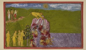 Add 15296 (2) f.81r, A nagy óceán partján a majmok megdöbbentek, hogy hogyan tudnak átkelni azon, hogy elérjék La?k?-t. Angada mindannyiukat megkérdezte, meddig tudnak ugrani, de egyikük sem volt biztos abban, hogy idáig ugorjon, amíg Jambavan nem sürgette alkotó: Indian School