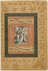 Hozzáadás. Vagy. MS 3129 f.43r Európai metszet a Szűzről és a Gyermekről, akik az egyiptomi repülés közben pihennek, illusztráció a „Dara Shikoh” albumból, 1640 körül (színes, gouache és arany metszet papíron) alkotó: Indian School