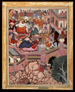 Amr, Mazmahil, a sebésznek álcázva, cselszövést gyakorol Antali varázslóin, kb. 1570 (átlátszatlan akvarell és arany pamuton) alkotó: Indian School