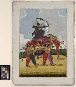 Táncoló nőkből álló, összetett elefánt, 1825 körüli íjász hegyeként (átlátszatlan akvarell és arany a papíron) alkotó: Indian School
