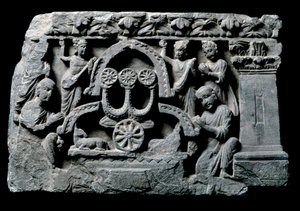 Gandhara művészete (vagy görög-buddhizmus): "" Buddha imádságban"" a csoda Sravasti (Shravasti vagy Savatthi) (Imádkozó Buddha, Sravasti csodája) A Gandhara iskola domborműve - 2-4. század - Indiai Múzeum, Calcutta India alkotó: Indian School
