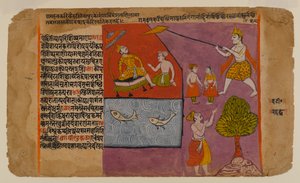 Balarama Hastinapurt a Gangesz felé húzza, oldal a Bhagavata Dasamskanda sorozatból, 17. század közepe (wc, arany és ezüst papíron) alkotó: Indian School