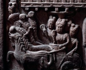 Buddhizmus: "" Prasenjit utolsó látogatása Buddhánál" (Prasanjit utolsó látogatása Buddhánál) részlet du stupa de Bharhut (Barhut, Barouth) Fekete kő alacsony domborműve, ie 2. század (Kr. e. 2. század) - Kolkata, indiai múzeum alkotó: Indian School