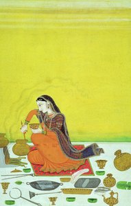 CBL: 11B.30 Egy hölgy ételt készít, miniatűr a Bhagavata Purana sorozatból, Kangra, 1810 körül alkotó: Indian School