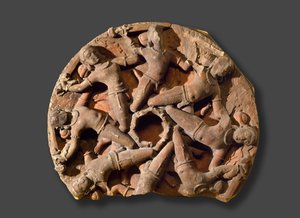Mennyezeti kerek nyolc egymáshoz kapcsolódó fegyveres harcossal, Dél-Rajasthan (homokkő) alkotó: Indian School