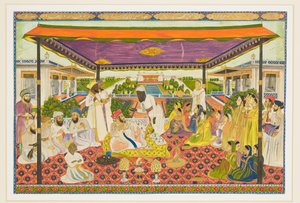 Udvari jelenet panorámás palotával és kerti háttérrel alkotó: Indian School