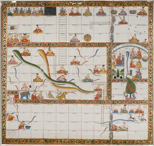 Tervezés a Kígyók és Létrák játékhoz, 1800 (gouache papíron, szövetre rögzítve) alkotó: Indian School