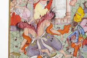 Részlet Krishna Cleaves the Demon Narakasura diszkoszával, 1585-90 körül (átlátszatlan wc és arany papíron) alkotó: Indian School
