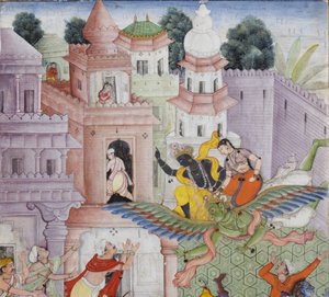 Részlet Krishna Cleaves the Demon Narakasura diszkoszával, 1585-90 körül (átlátszatlan wc és arany papíron) alkotó: Indian School