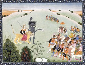 Durga és Kali a démonok előretörő serege előtt állva, 1800-1820 alkotó: Indian School