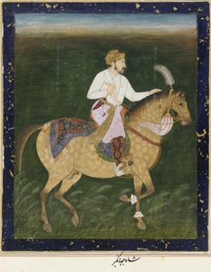 Jahangir lovas portréja, különálló albumfólió festménnyel, 1900 körül alkotó: Indian School