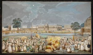 Tűzijáték egy fényes holdfényes éjszakán az Agna Mahal előtt, a murshidabadi folyó melletti Nawab palotában, 1790-1800 körül (akvarell papíron) alkotó: Indian School