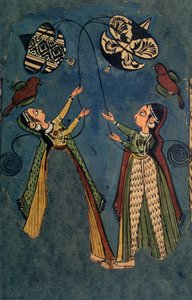 Girls Flying Kits, Kullu Folk Painting, Himachal Pradesh alkotó: Indian School