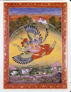 Hinduizmus: a Garuda madár ábrázolása, amely Visnu (vagy Visnu), egy nagy hindu istenséget, és feleségét, Lakhmit hordozza alkotó: Indian School