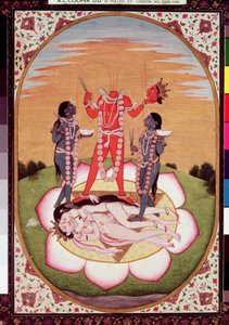 Chinnamasta ikonja, a Mahavidya, amely az Eredeti Pár összekapcsolt testeiből fakad, Kangra, 1800 körül (guache papíron) alkotó: Indian School