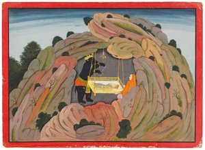 Illusztráció a Bhagavata Puránához: Jambavan odaadja a Symantaka ékszert a lányának, hogy játssza el, 1760-65 körül alkotó: Indian School