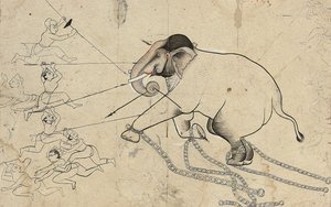 Isarda vagy kotah előkészítő rajza egy elefánt megszelídítéséről, 1720 körül alkotó: Indian School