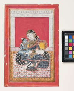 Krishna és Yashoda (guache, ezüst és aranylevél papíron) alkotó: Indian School