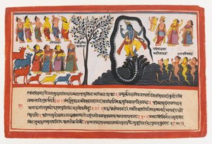 Krishna Conques the Serpent Kaliya, oldal egy szétszórt Bhagavata Purana sorozatból, 1775 körül (átlátszatlan wc és arany papíron) alkotó: Indian School